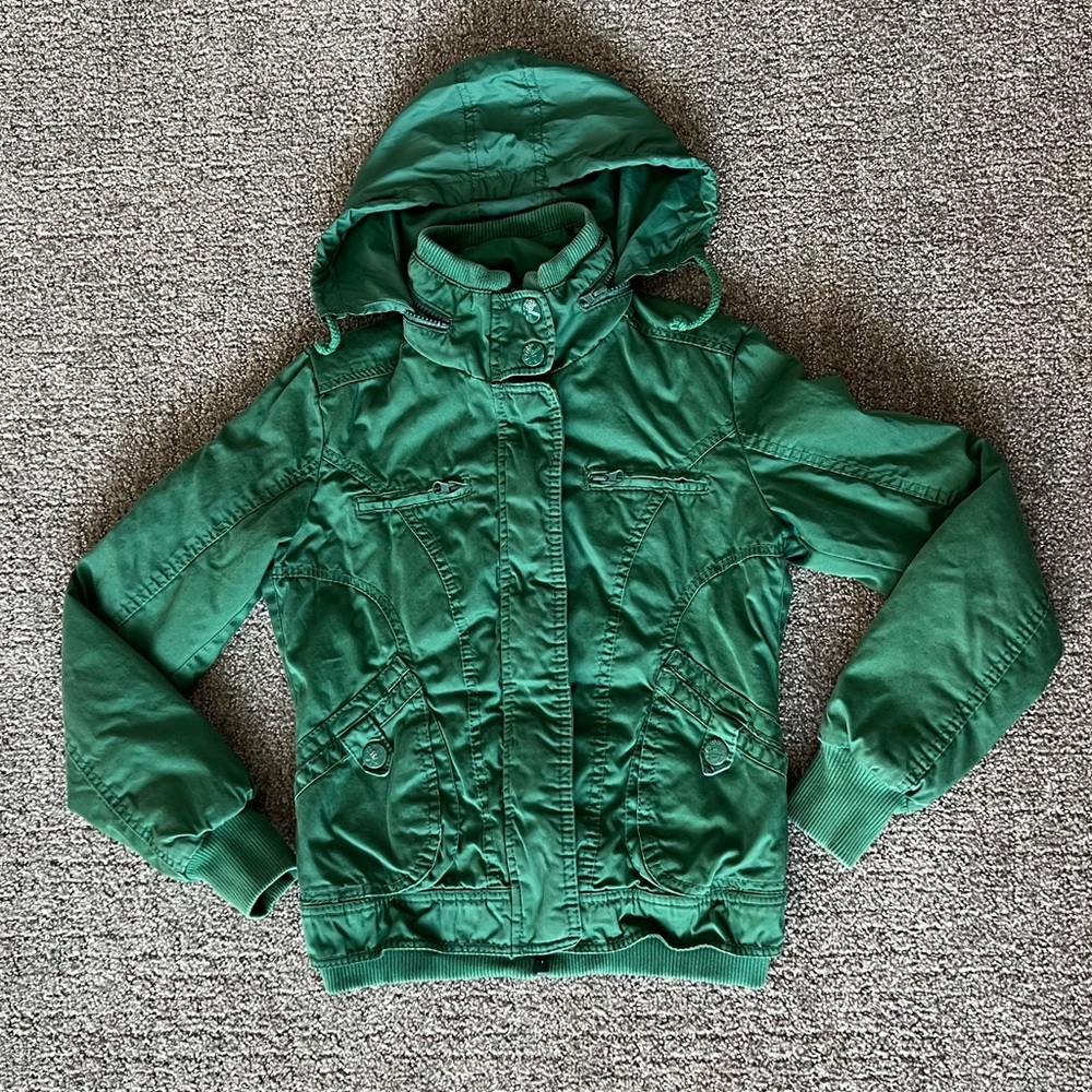 Bershka BSK Women’s Green Bomber Jacket Elastic Waist Size Small